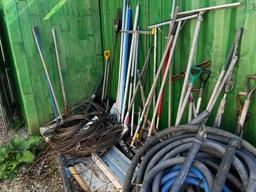 {LOT} In Alcove Impliments, Cable Rope, Hose, Ladder