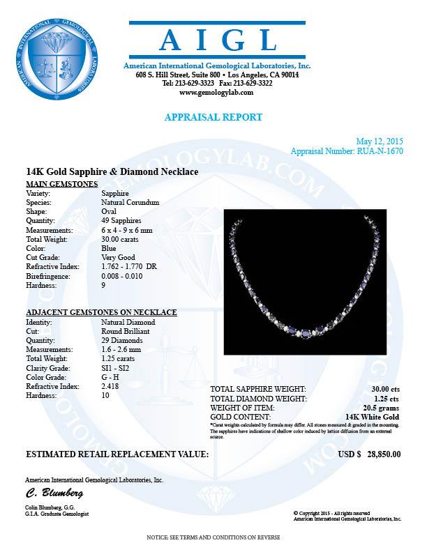 14k Gold 30.00ct Sapphire 1.25ct Diamond Necklace