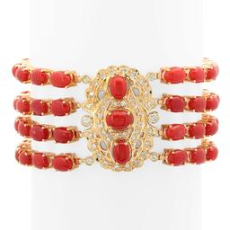 14K Gold 39.10ct Coral 1.05cts Diamond Bracelet