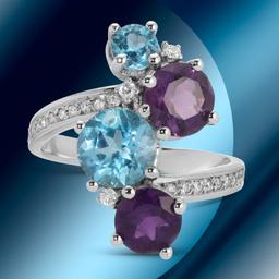 14K Gold 1.18cts Amethyst, 1.42cts Blue Topaz & 0.17cts Diamond Ring