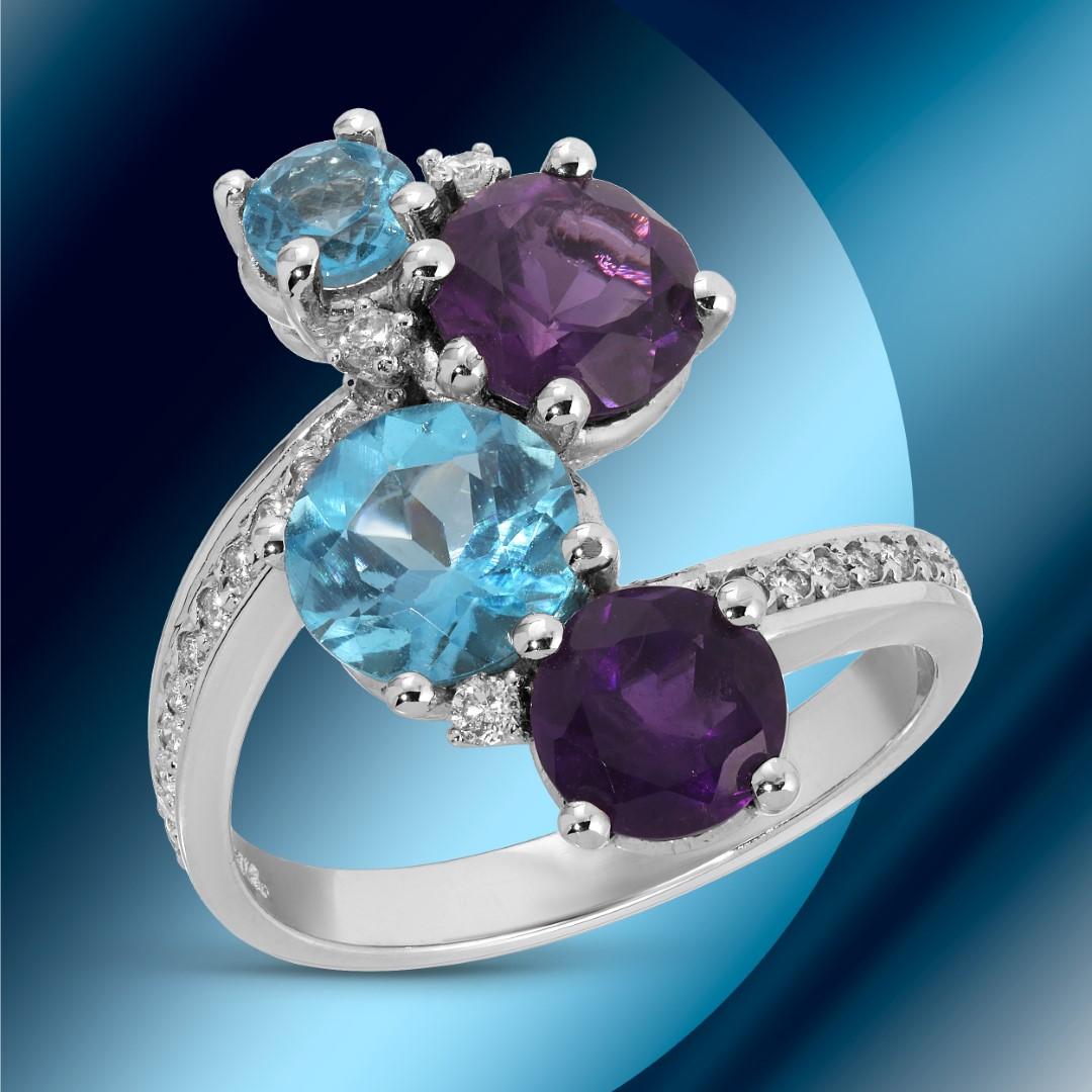 14K Gold 1.18cts Amethyst, 1.42cts Blue Topaz & 0.17cts Diamond Ring