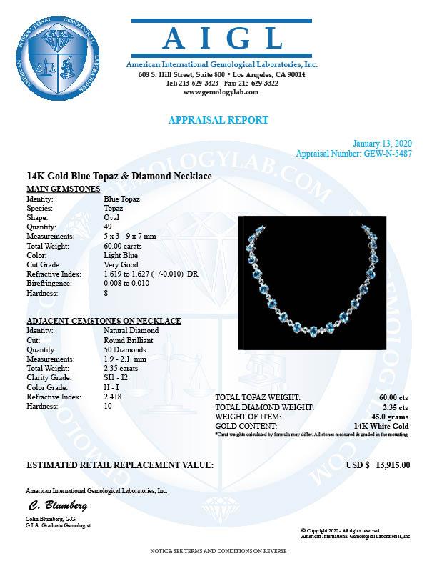 14k Gold 60.00ct Topaz 2.35ct Diamond Necklace