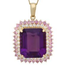 14K Gold 25.44ct Amethyst 2.03ct Sapphire 1.51ct Diamond Pendant