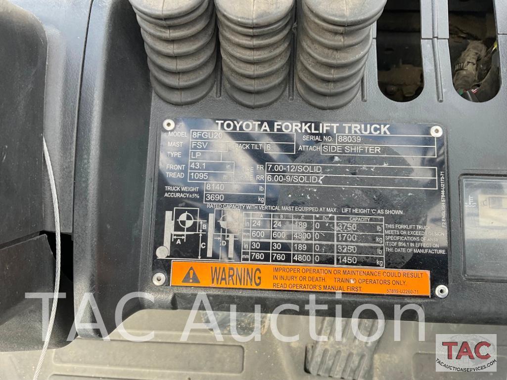 2018 Toyota 8FGU20 LP 4000lb Forklift