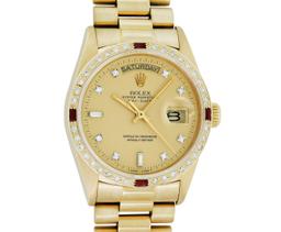 Rolex Men's 18K Yellow Gold Champagne Ruby & Diamond Day Date President Wristwatch