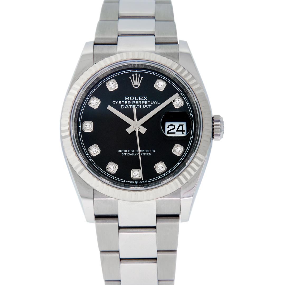 Rolex Mens Stainless Steel Black Diamond Datejust Wristwatch