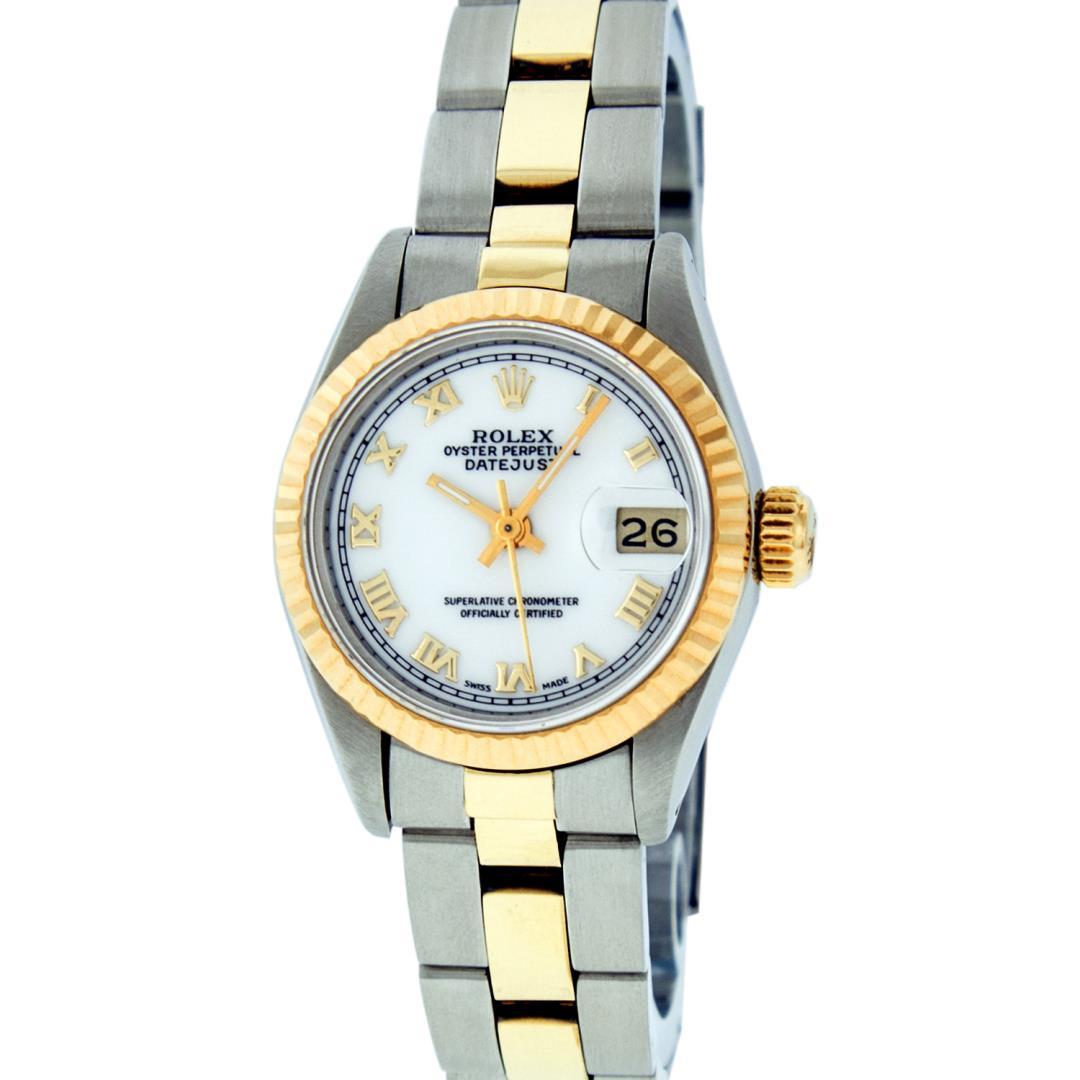 Rolex Ladies Two Tone White Roman Datejust Wristwatch