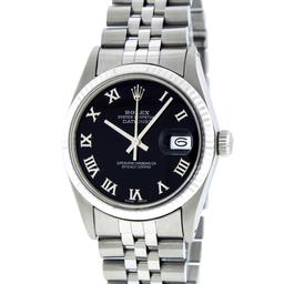 Rolex Mens Stainless Steel Black Roman Datejust Wriswatch