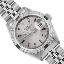 Rolex Ladies Stainless Steel Silver Index Emerald and Diamond Date Wristwatch