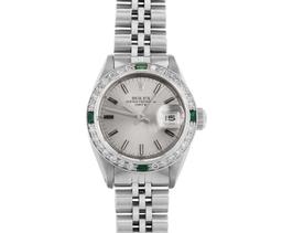 Rolex Ladies Stainless Steel Silver Index Emerald and Diamond Date Wristwatch