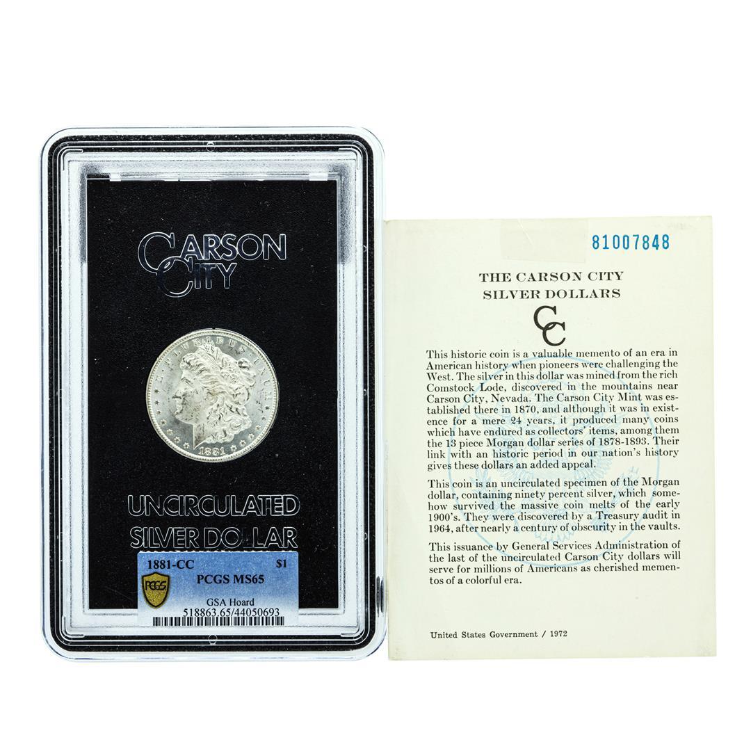 1881-CC $1 Morgan Silver Dollar Coin PCGS MS65 GSA Hoard w/COA