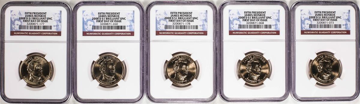 Lot of (5) 2008-D $1 James Monroe Presidential Dollar Coins NGC Brilliant Uncirculated