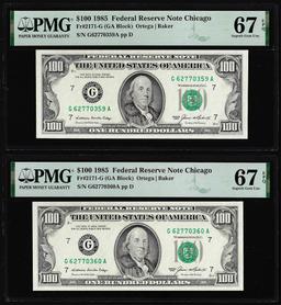 (2) Consecutive 1985 $100 Federal Reserve Notes Fr.2171-G PMG Superb Gem Unc 67EPQ