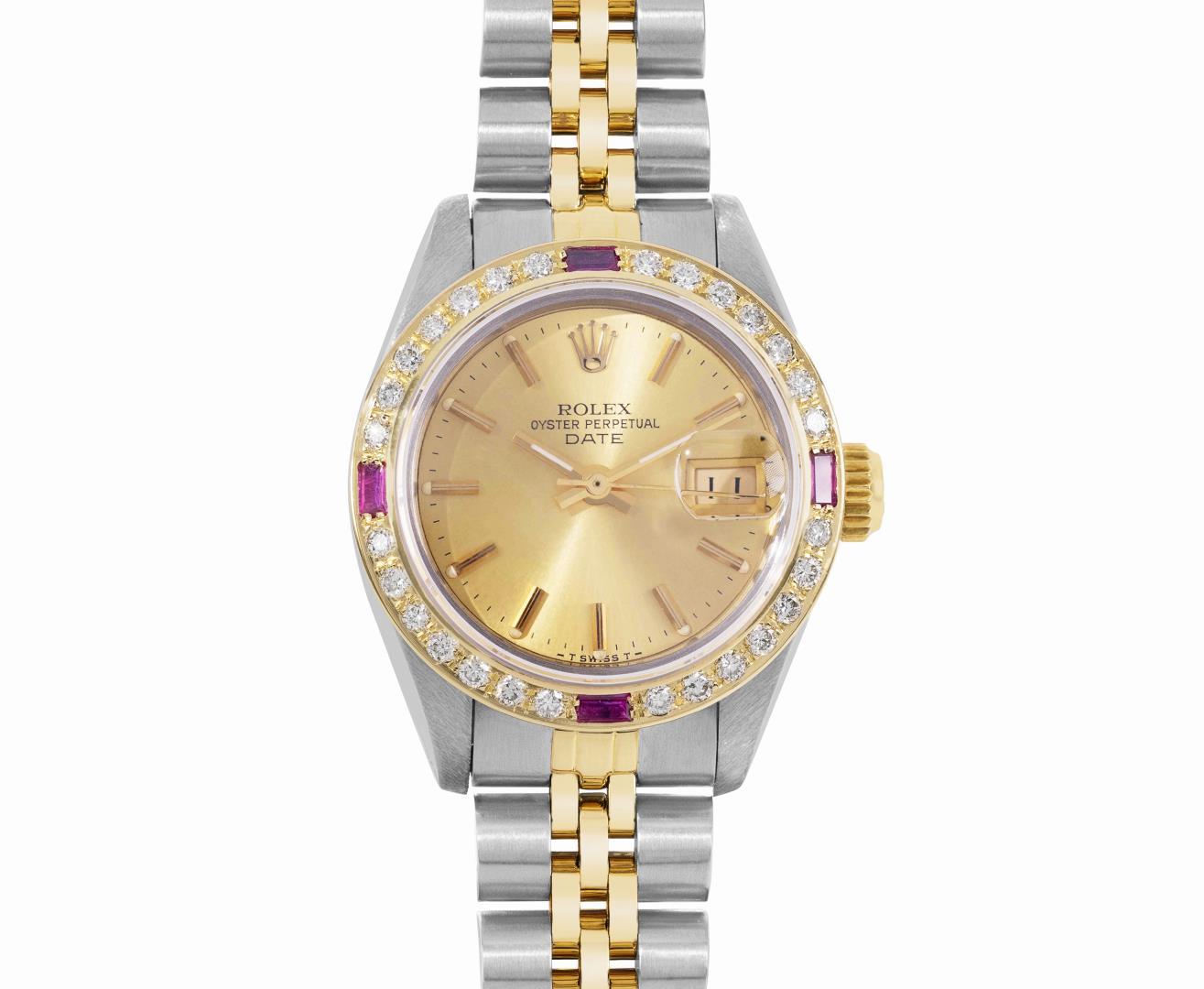 Rolex Ladies Two Tone Champagne Index Ruby and Diamond Date Wristwatch