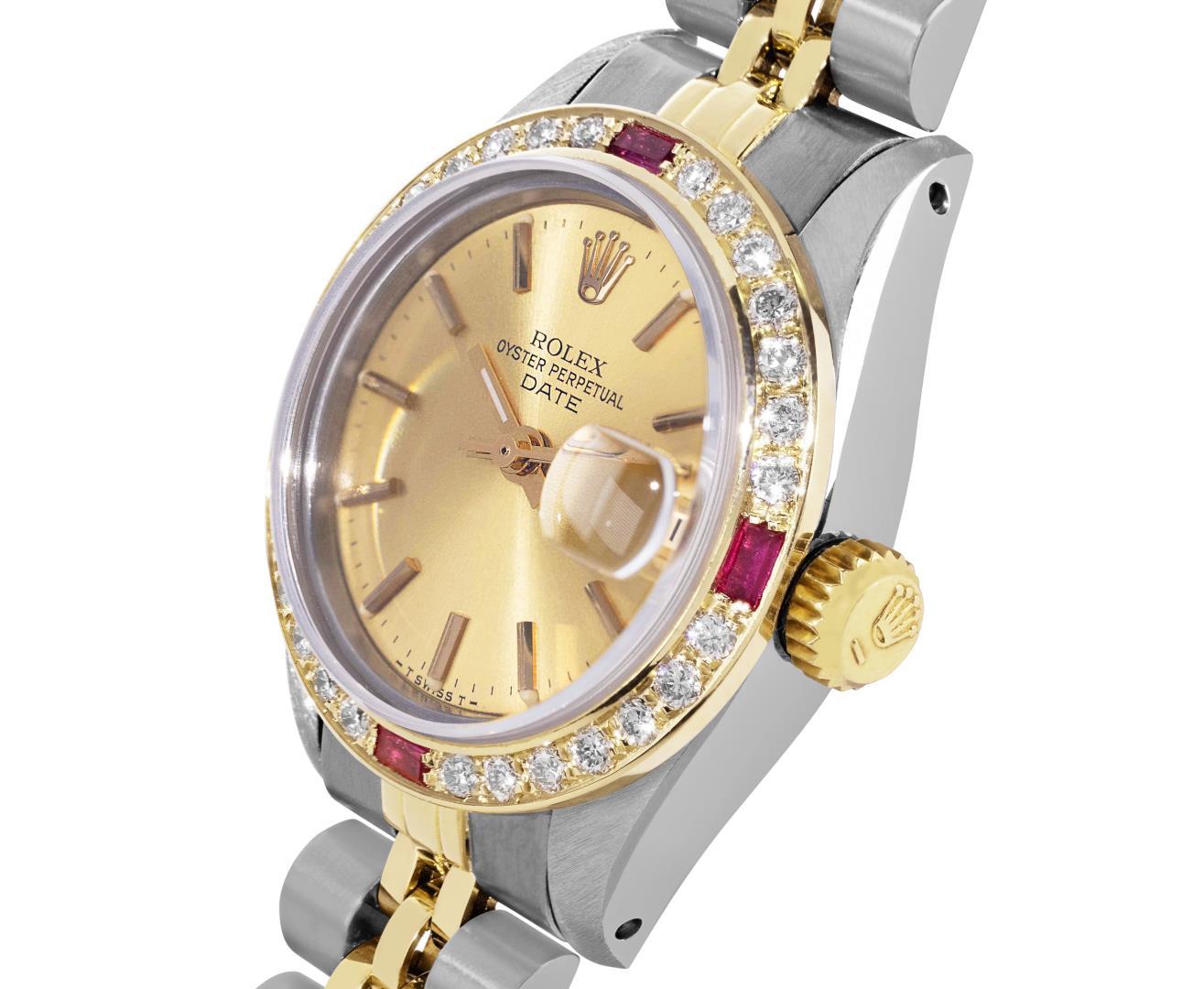 Rolex Ladies Two Tone Champagne Index Ruby and Diamond Date Wristwatch