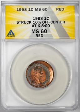 1998 Lincoln Memorial Cent Coin Error Struck 10% Off Center @ K-8:00 ANACS MS60 RED