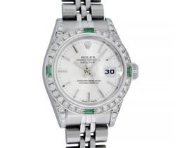 Rolex Ladies Stainless Steel Emerald and Diamond Datejust Wristwatch