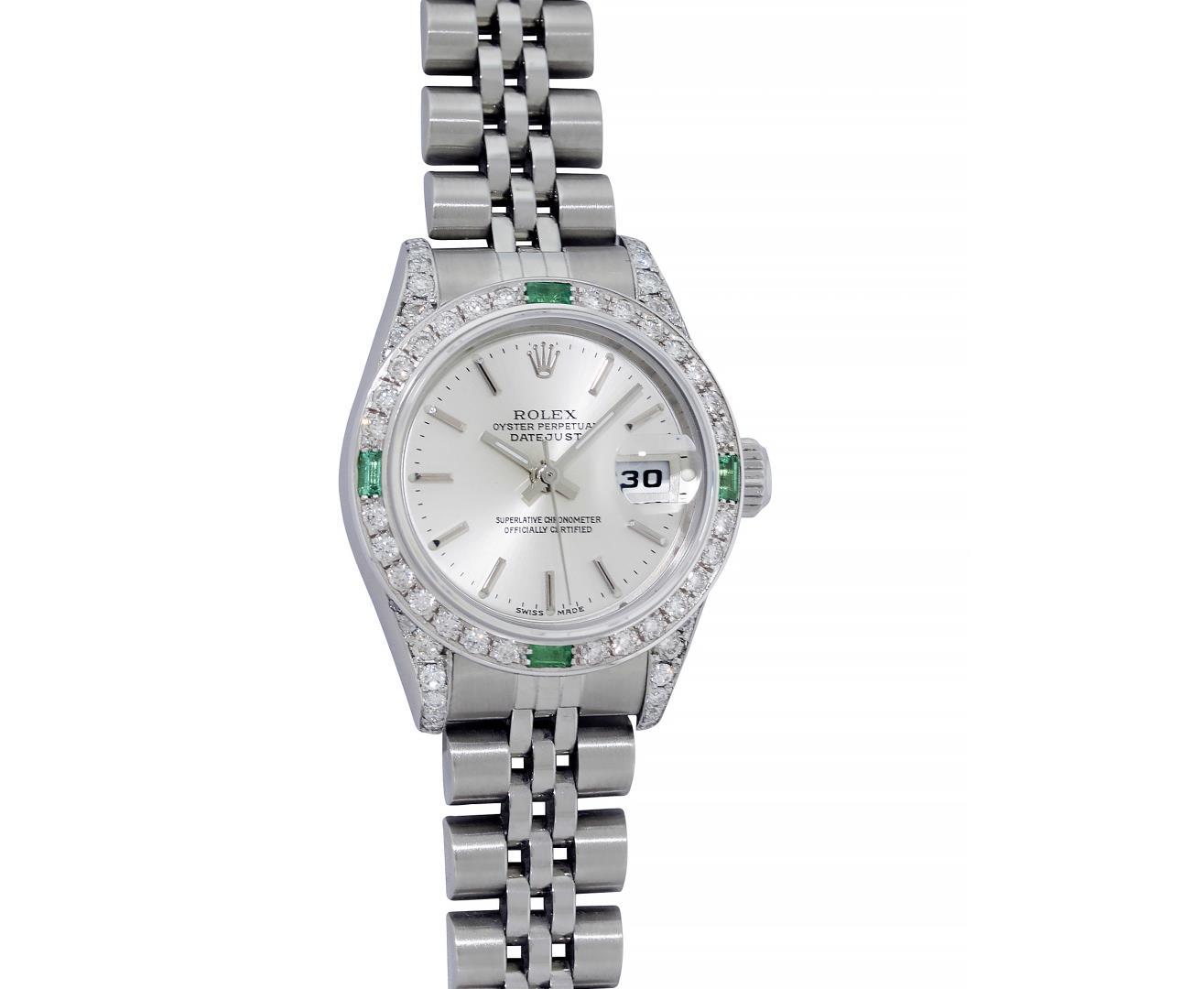 Rolex Ladies Stainless Steel Emerald and Diamond Datejust Wristwatch