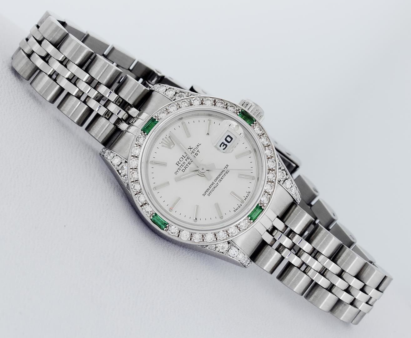 Rolex Ladies Stainless Steel Emerald and Diamond Datejust Wristwatch