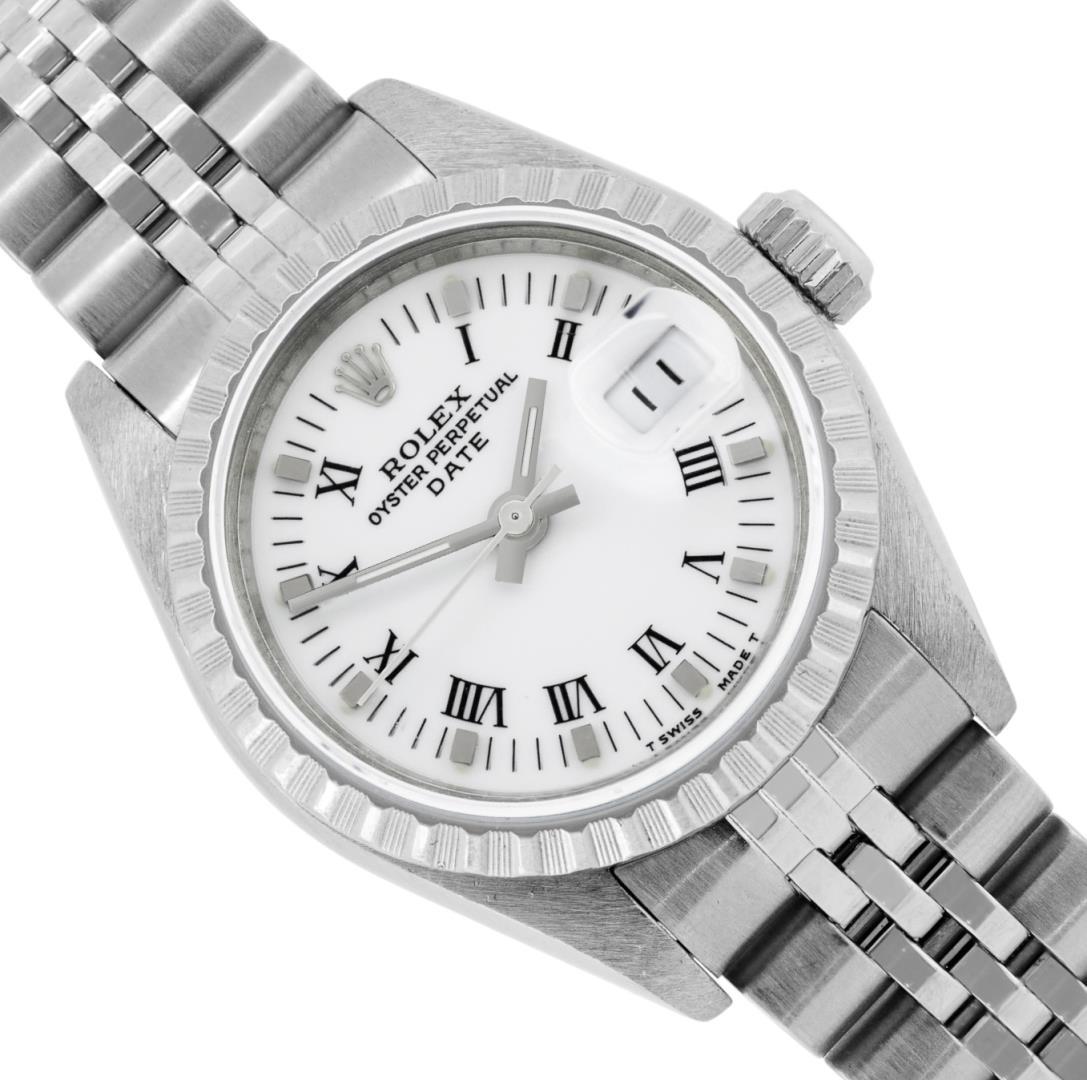 Rolex Ladies Stainless Steel White Roman Date Wristwatch With Rolex Box