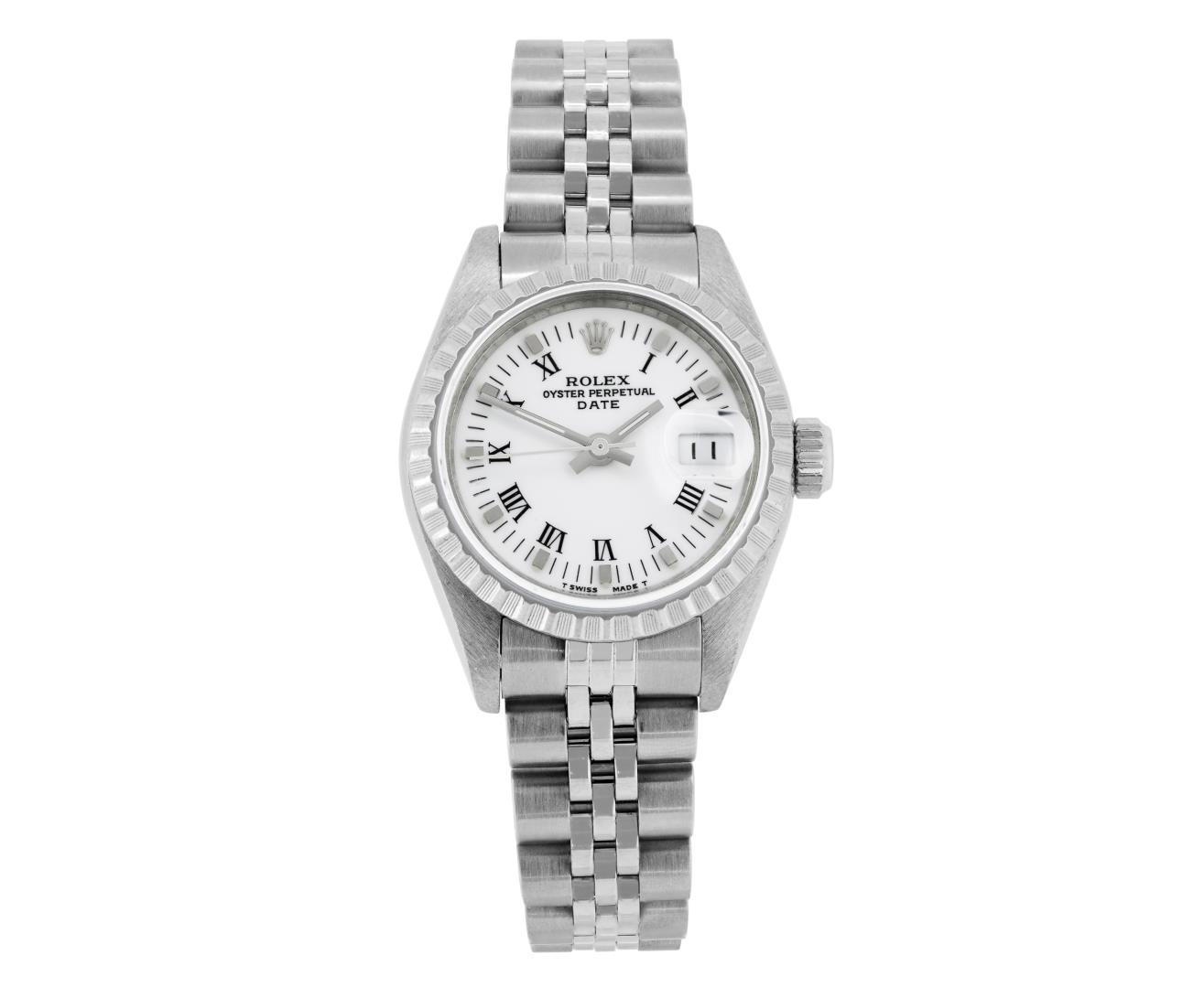 Rolex Ladies Stainless Steel White Roman Date Wristwatch With Rolex Box