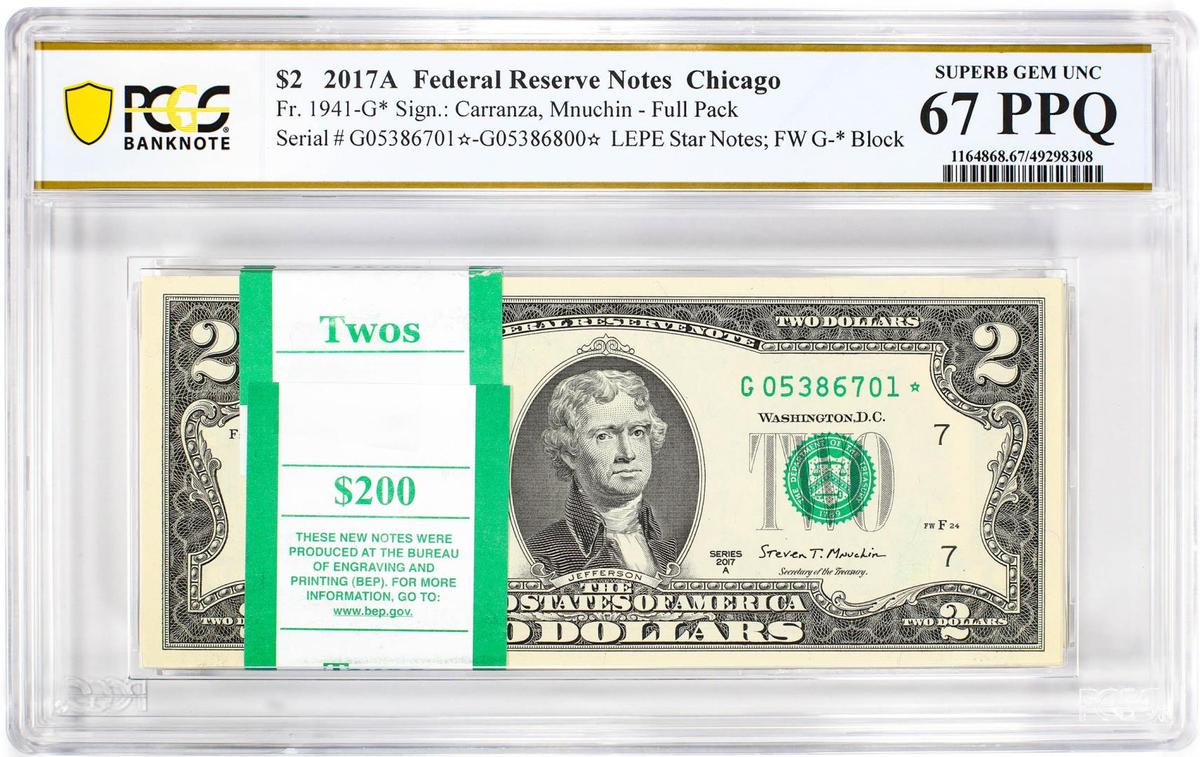 Pack 2017A $2 Federal Reserve STAR Notes Chicago Fr.1941-G* PCGS Superb Gem UNC 67PPQ