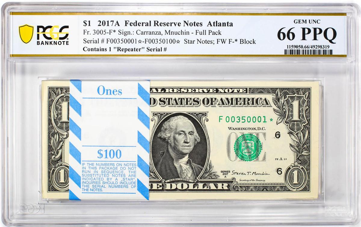 Pack of 2017A $1 Federal Reserve STAR Notes Atlanta Fr.3005-F* PCGS Gem UNC 66PPQ