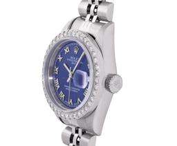 Rolex Ladies Stainless Steel Blue Roman Diamond Date Wristwatch