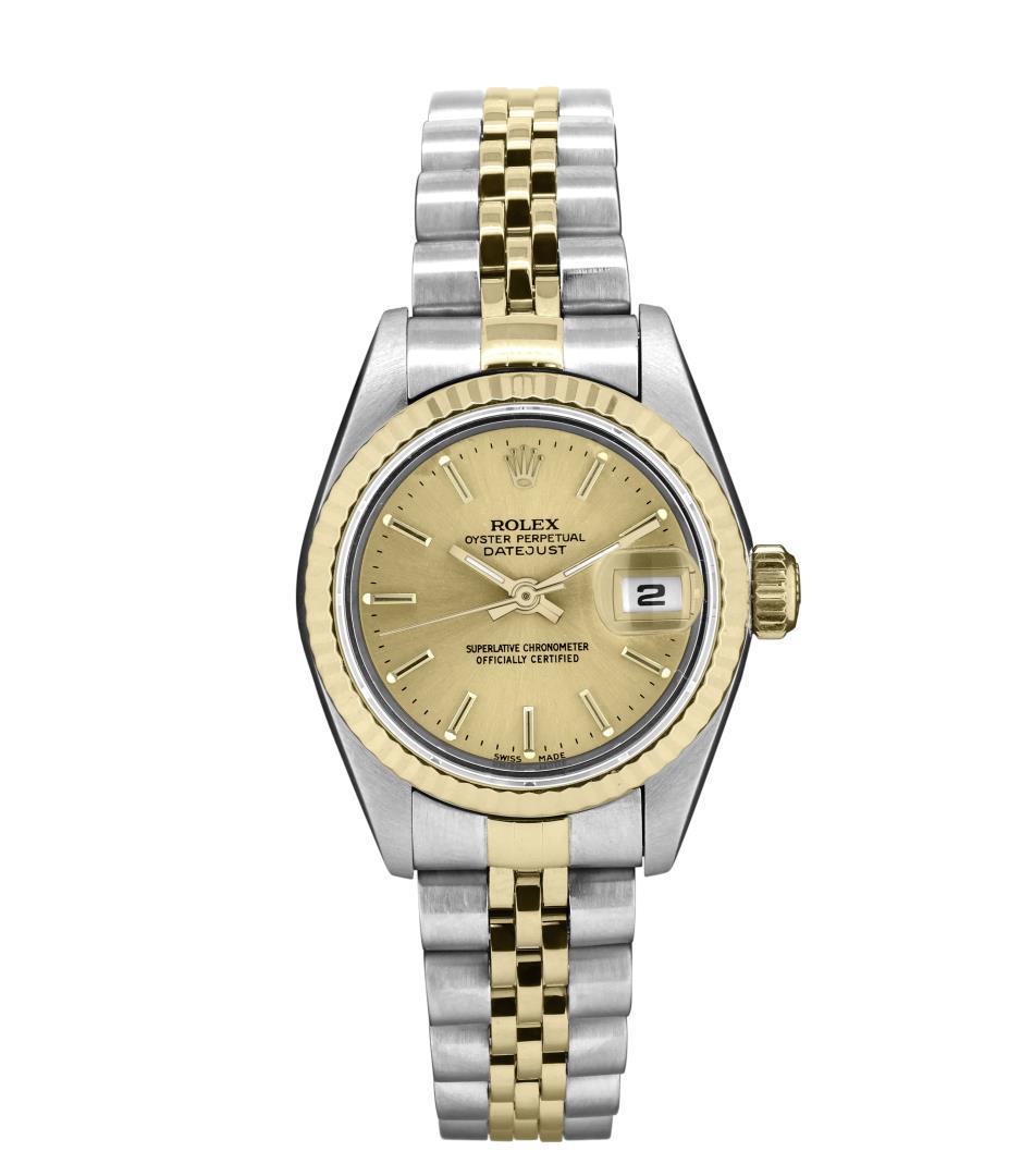 Rolex Ladies Two Tone Champagne Index Datejust Wristwatch With Rolex Box