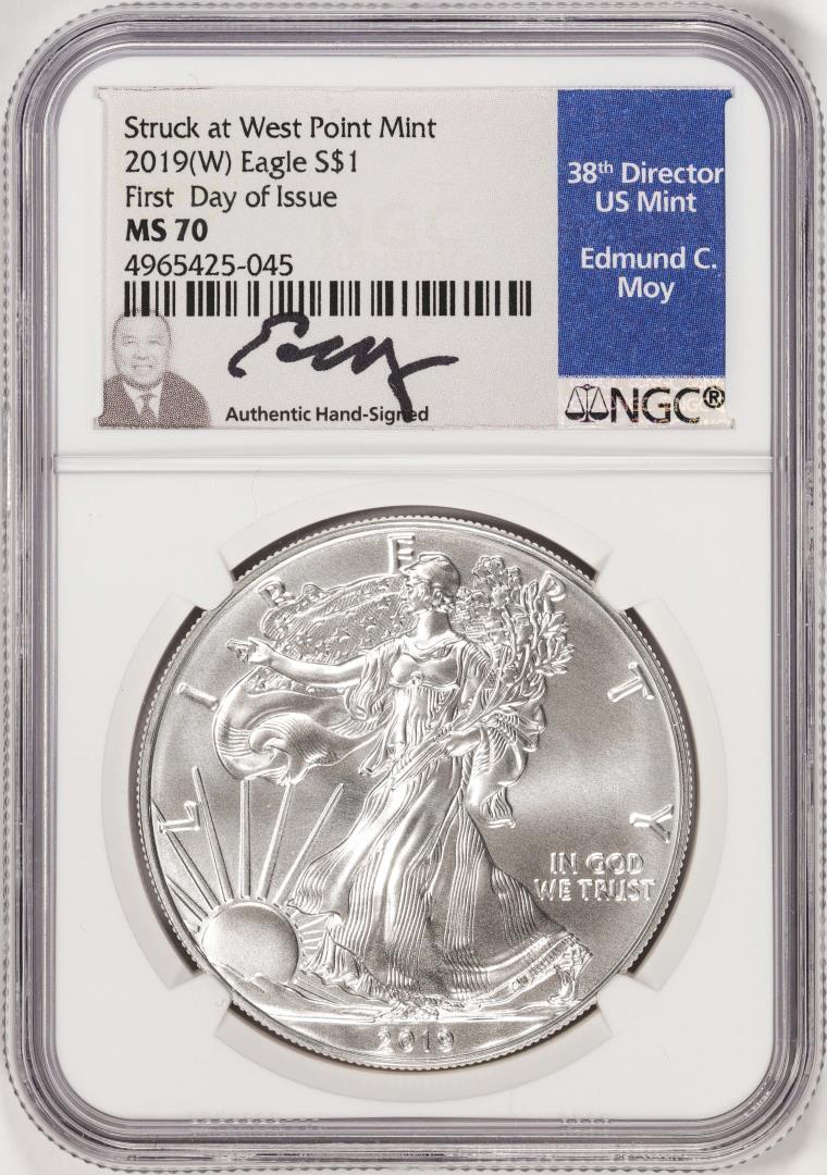 2019(W) $1 American Silver Eagle Coin NGC MS70 FDOI Moy Signature West Point Mint