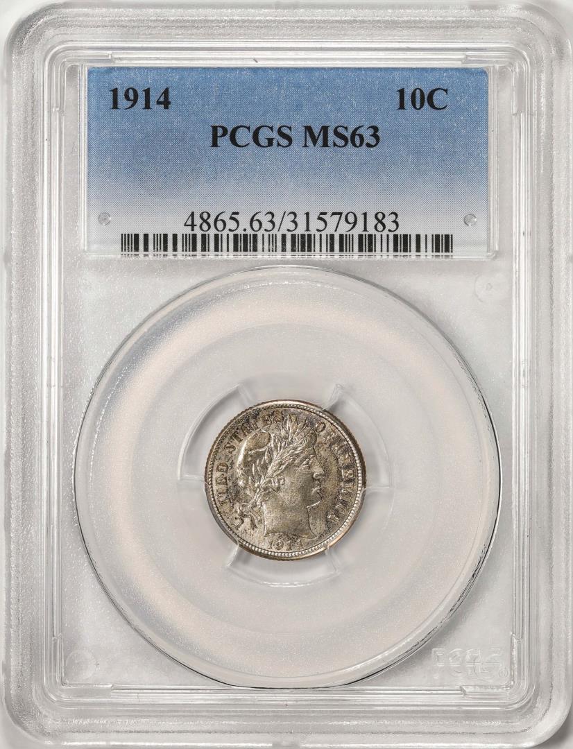 1914 Barber Dime Coin PCGS MS63