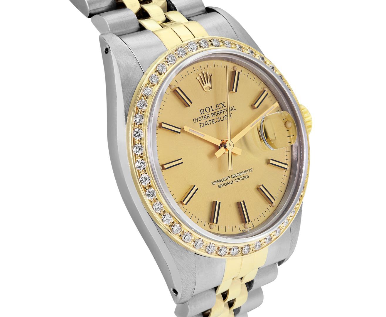 Rolex Mens Two Tone Champagne Index Diamond Datejust Wristwatch With Rolex Box