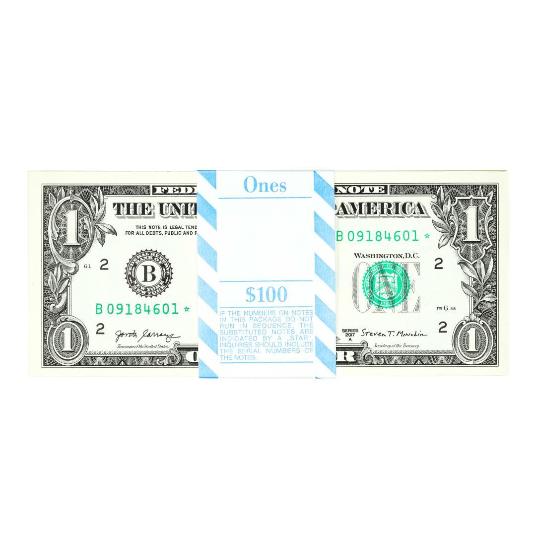 Pack of (100) Consecutive 2017A $1 Federal Reserve STAR Notes New York