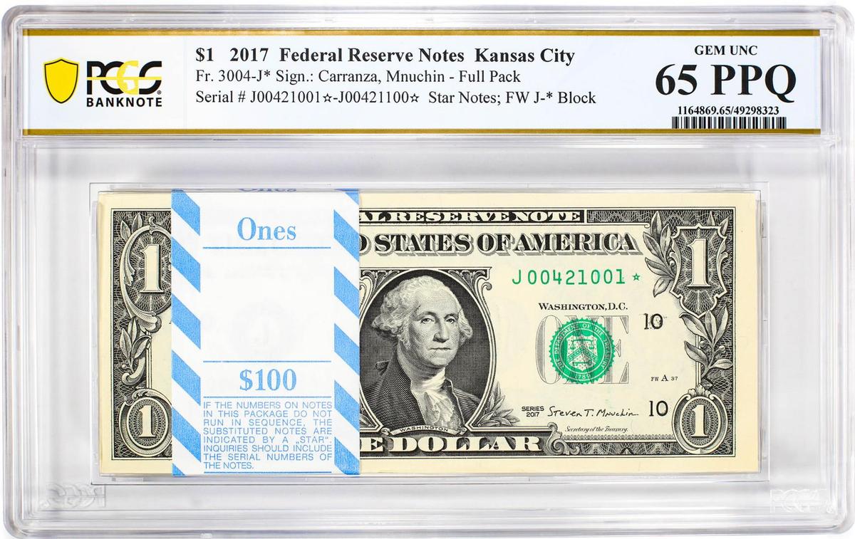 Pack of 2017 $1 Federal Reserve STAR Notes Kansas City Fr.3004-J* PCGS Gem UNC 65PPQ