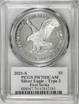 2021-S Type 2 $1 American Silver Eagle Coin PCGS PR70DCAM Emily Damstra Signature FS