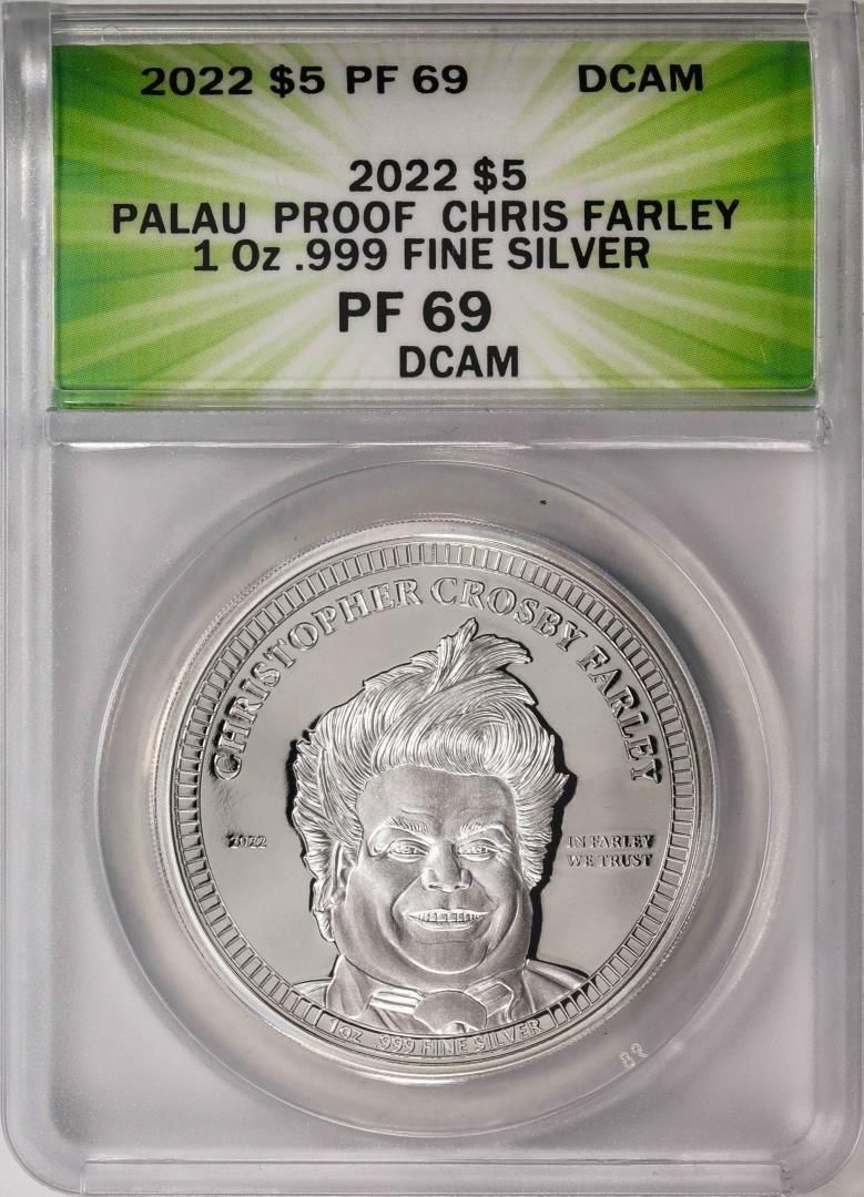 2022 $5 Palau Proof Chris Farley Silver Coin ANACS PF69DCAM