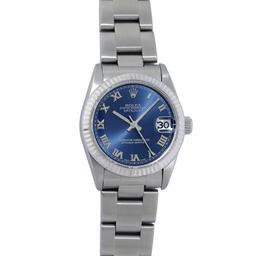 Rolex Ladies Midsize Stainless Steel Blue Roman Datejust Wristwatch