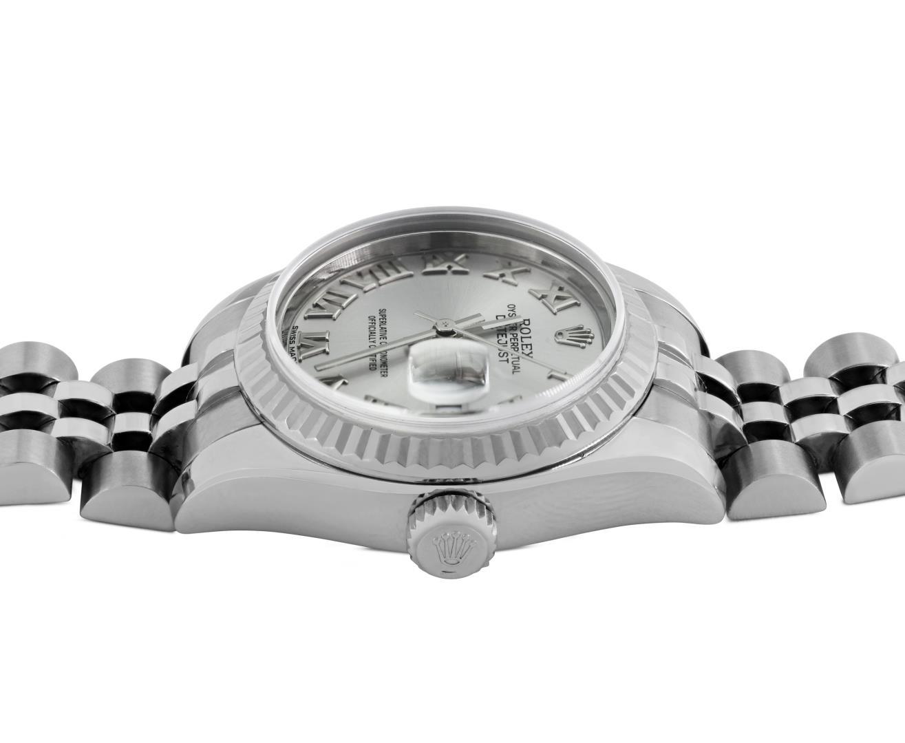 Rolex Ladies Stainless Steel Silver Roman Datejust Wristwatch With Rolex Box