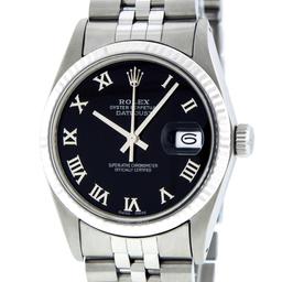 Rolex Mens Stainless Steel Black Roman Datejust Wristwatch