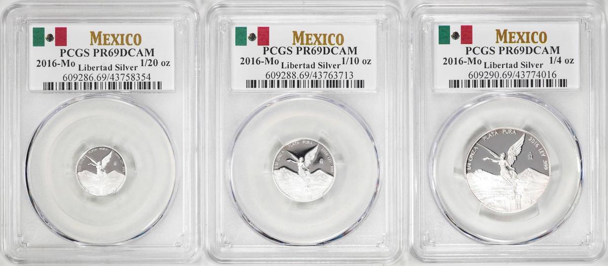 Lot of 2016-Mo Mexico Proof 1/20, 1/10 and 1/4 oz Silver Libertad Coins PCGS PR69DCAM