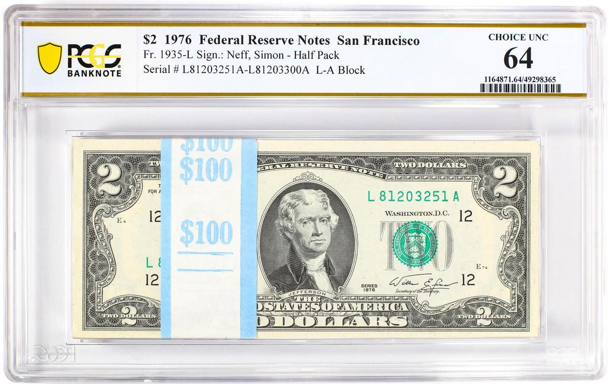 Pack of 1976 $2 Federal Reserve Notes San Francisco Fr.1935-L PCGS Choice UNC 64