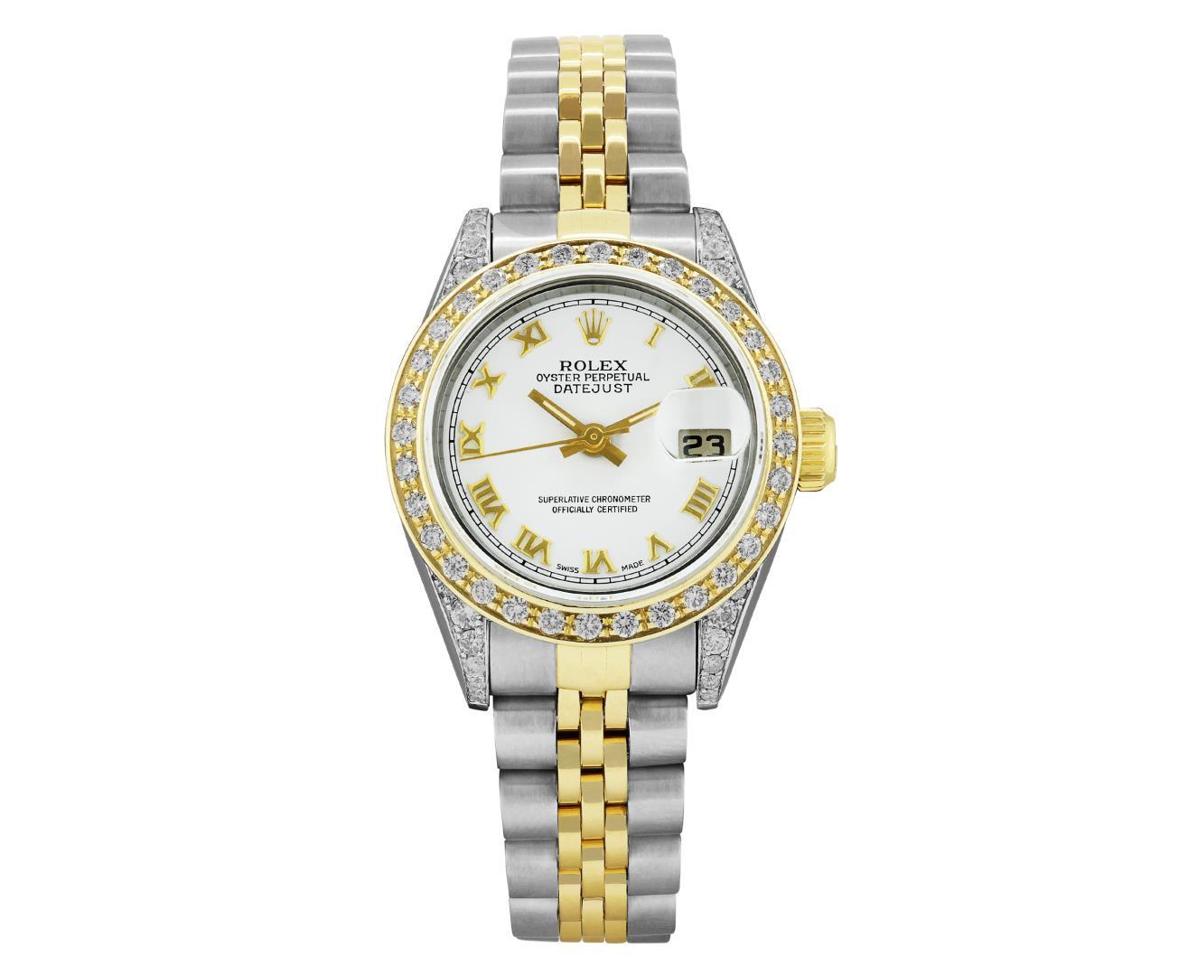 Rolex Ladies Two Tone White Roman Diamond Datejust Wristwatch With Rolex Box