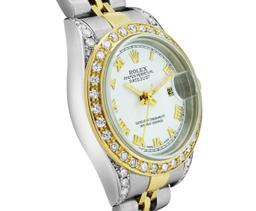 Rolex Ladies Two Tone White Roman Diamond Datejust Wristwatch With Rolex Box