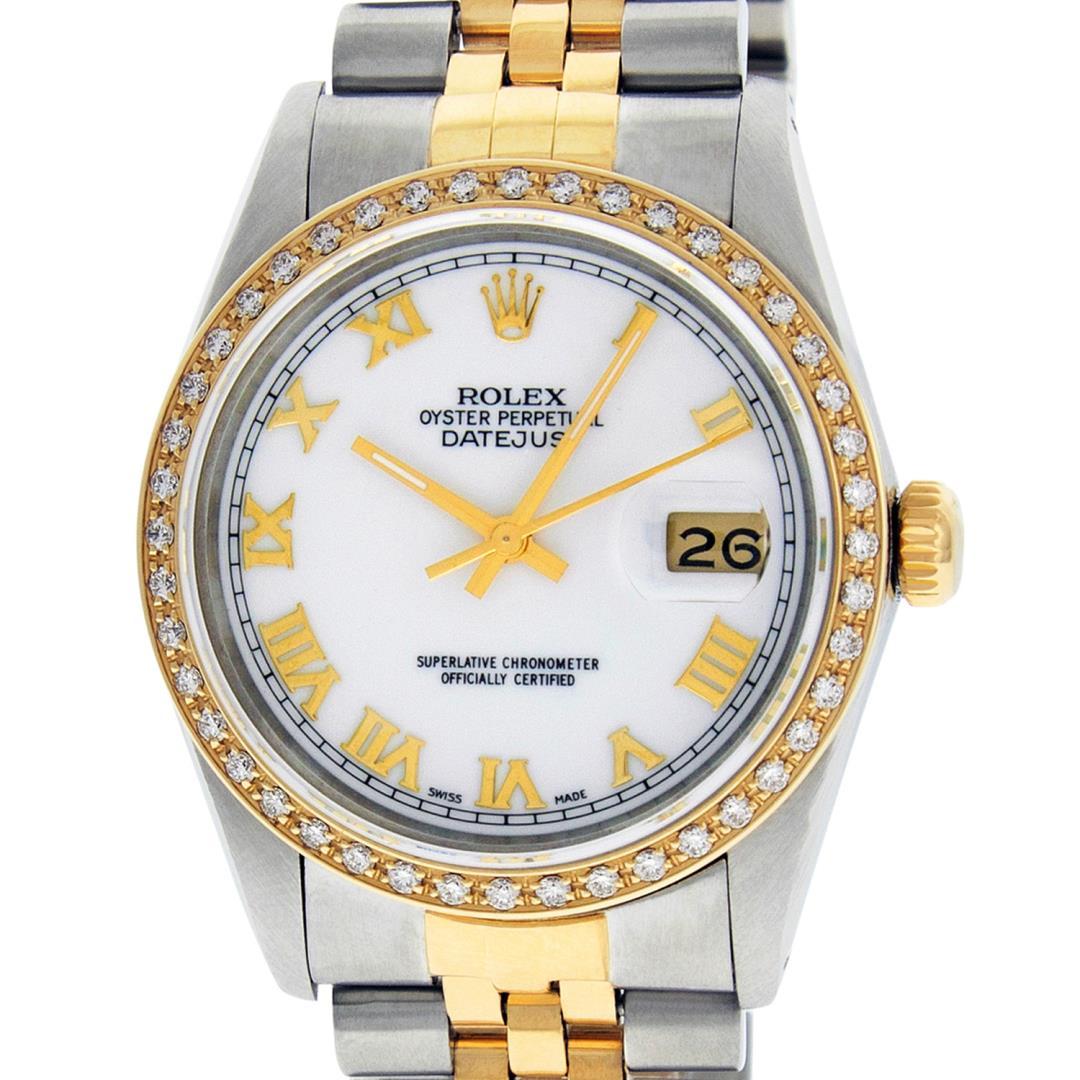 Rolex Men's Two Tone White Roman Diamond Datejust Wristwatch