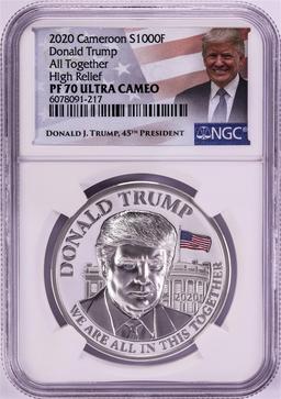 2020 Cameroon 1000 Francs High Relief Donald Trump Silver Coin NGC PF70 Ultra Cameo