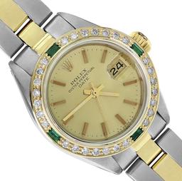 Rolex Ladies Two Tone Emerald and Diamond Date Wristwatch With Rolex Box