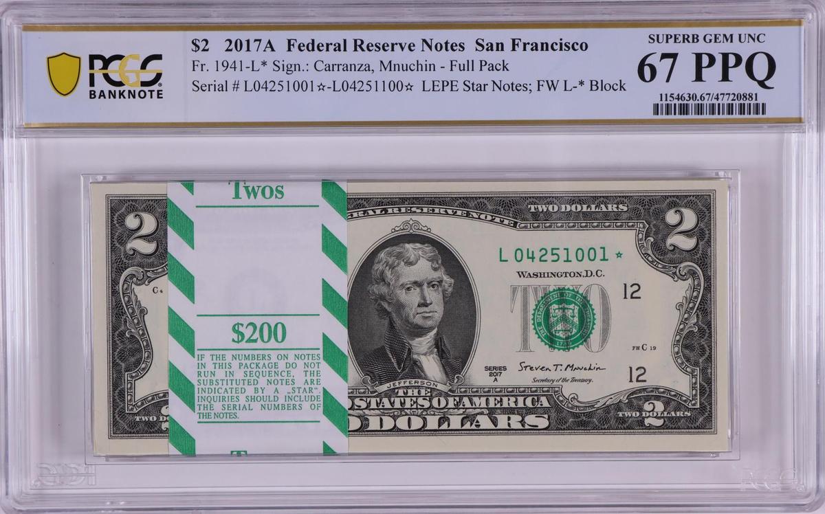 Pack of 2017A $2 Federal Reserve STAR Notes SF Fr.1941-L* PCGS Superb Gem UNC 67PPQ