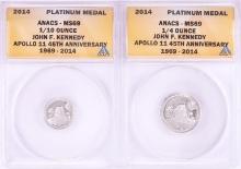 Set of 2014 Proof 1/10 & 1/4 oz Platinum JFK Apollo 11 Anniversary Medals ANACS MS69