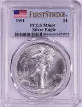 1991 $1 American Silver Eagle Coin PCGS MS69 First Strike