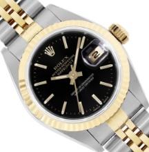 Rolex Ladies Two Tone Black Index Datejust Wristwatch With Rolex Box